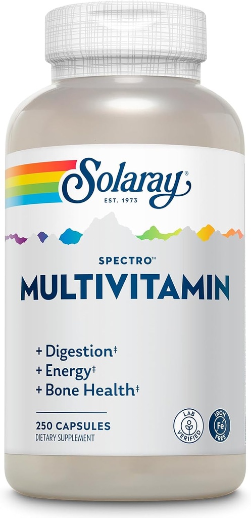 SOLARAY Spectro Multivitamin, Iron Free - Multi Vitamin w/Calcium, Magnesium, Energizing Greens, Digestive Enzymes - Digestion, Cellular Energy, Bone Health, Immune Support, 41 Servings, 250 Capsules