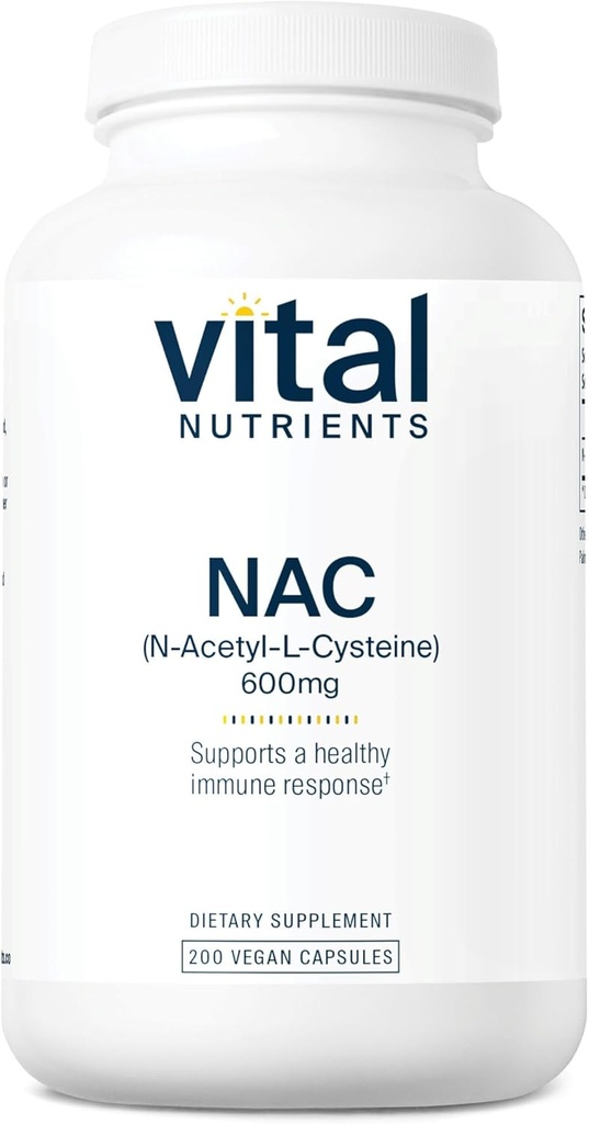 Vital Nutrients NAC 600mg ← N-Acetyl Cysteine Silencio Vegan NAC Suplemento Silencio Antioxidante para Sinus, Liver, Immune, y Salud Respiratoria*  Gluten, Dairy, Soy Free ← 200 Capsules