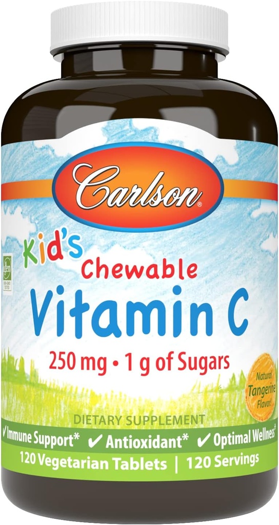 Carlson - Kid's Chewable Vitamin C, 250 mg, 1 g of Sugars, Immune Support & Optimal Wellness, Antioxidant, Tangerine, 120 Vegetarian Tablets