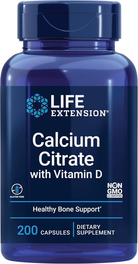 Citrato de calcio con vitamina D, calcio superabsorbable para apoyar la salud óptima del hueso, libre de gluten, no transgénico, 200 cápsulas
