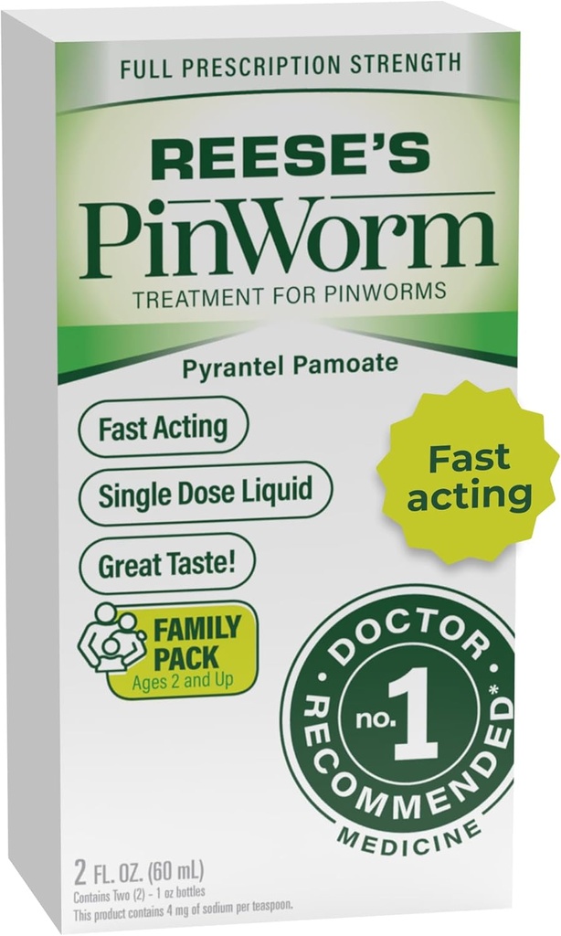REESE'S PINWORM Medicine Liquid for Entire Family, Full Prescription Strength, 2 Oz, #1 Doctor Recommended Single Dose Pyrantel Pamoate Dewormer for Adults &amp; Kids Ages 2+, Banana Flavor