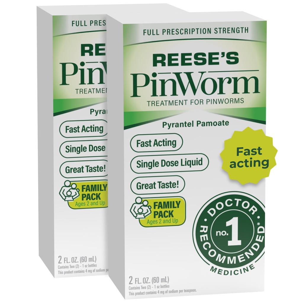 REESE'S PINWORM Medicine Liquid for Entire Family, Full Prescription Strength, 2 Oz, #1 Doctor Recommended Single Dose Pyrantel Pamoate Dewormer for Adults &amp; Kids Ages 2+, Banana Flavor
