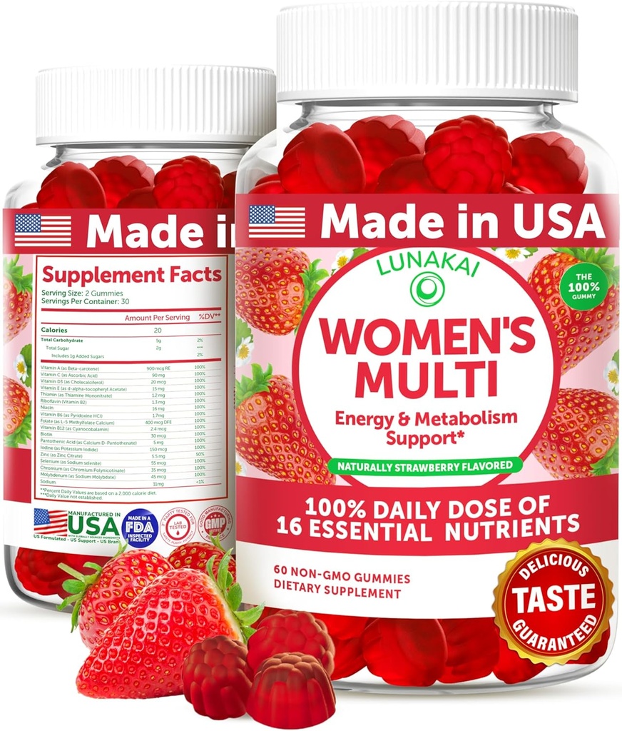 Lunakai USA Made Womens Multivitamin Gummies - Delicious Daily Dose with 16 Multi Vitamins for Women - Energy &amp; Immune Support, Non-GMO, 60 Ct