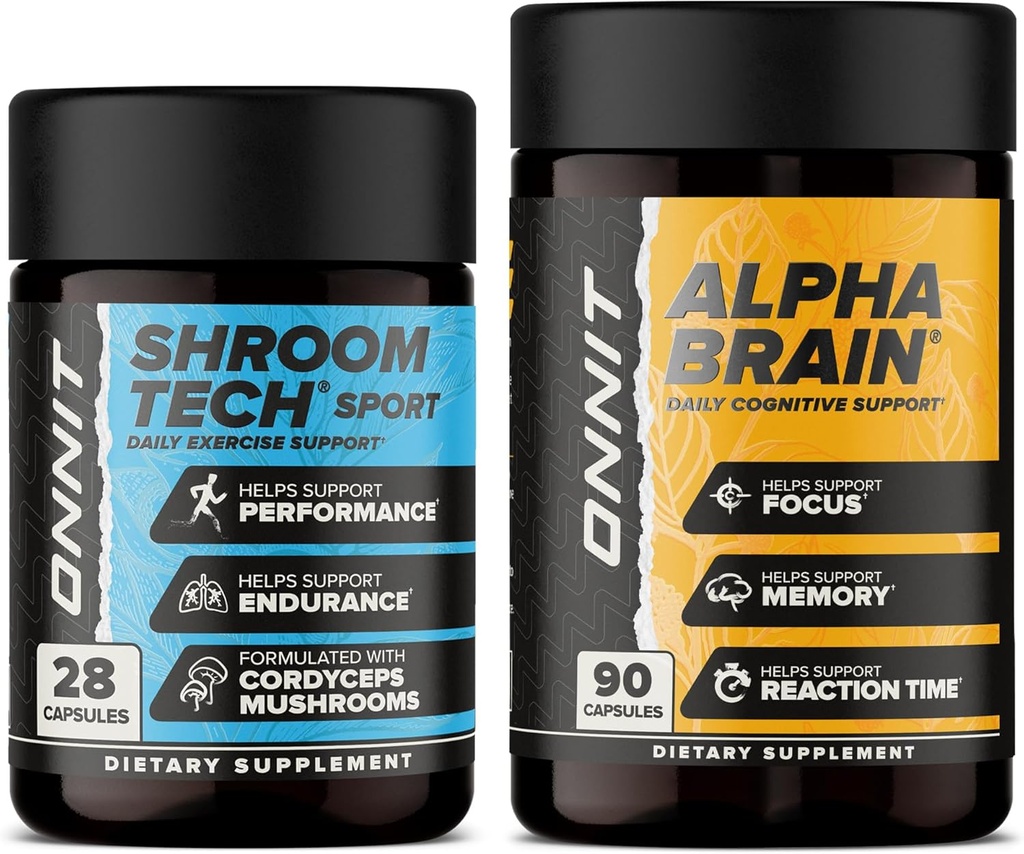 ONNIT Premium Alpha Brain Bundle - Suplemento Nootropic Brain (90 Cuenta) para Focus, Concentration &amp; Memory + Shroom Tech Sport para el ejercicio, Energía y rendimiento cardiovascular (28 Cuenta)