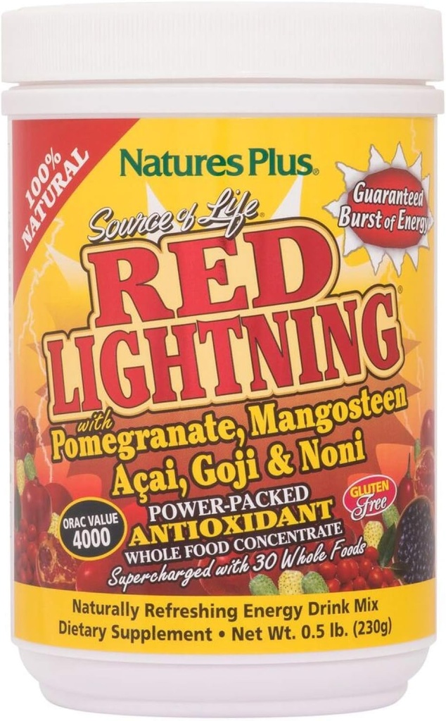 NaturesPlus Fuente de Vida Red Lightning Energy Drink Powder - .5 lbs - Mixed Berry Flavor - Natural Energy Boost - with Whole Foods, Antioxidants & Red Superfoods - Gluten-Free - 38 Servings