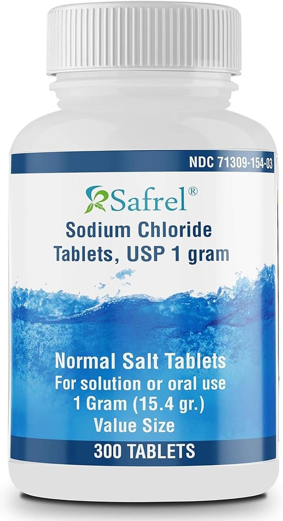 Safrel Sodium Chloride Tablets 1 gm, USP ← Sal normal Tablets  (15.4gr.) ← Electrolytes Replenisher Hydration Drink (300 Count (Pack of 1))