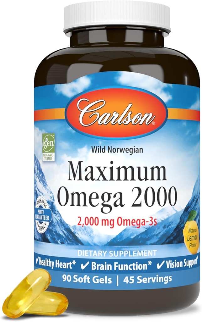 Carlson - Máximo Omega 2000, 2000 mg Omega-3s, Corazón saludable, Función cerebral & Vision Support, Lemon, 90 geles blandos