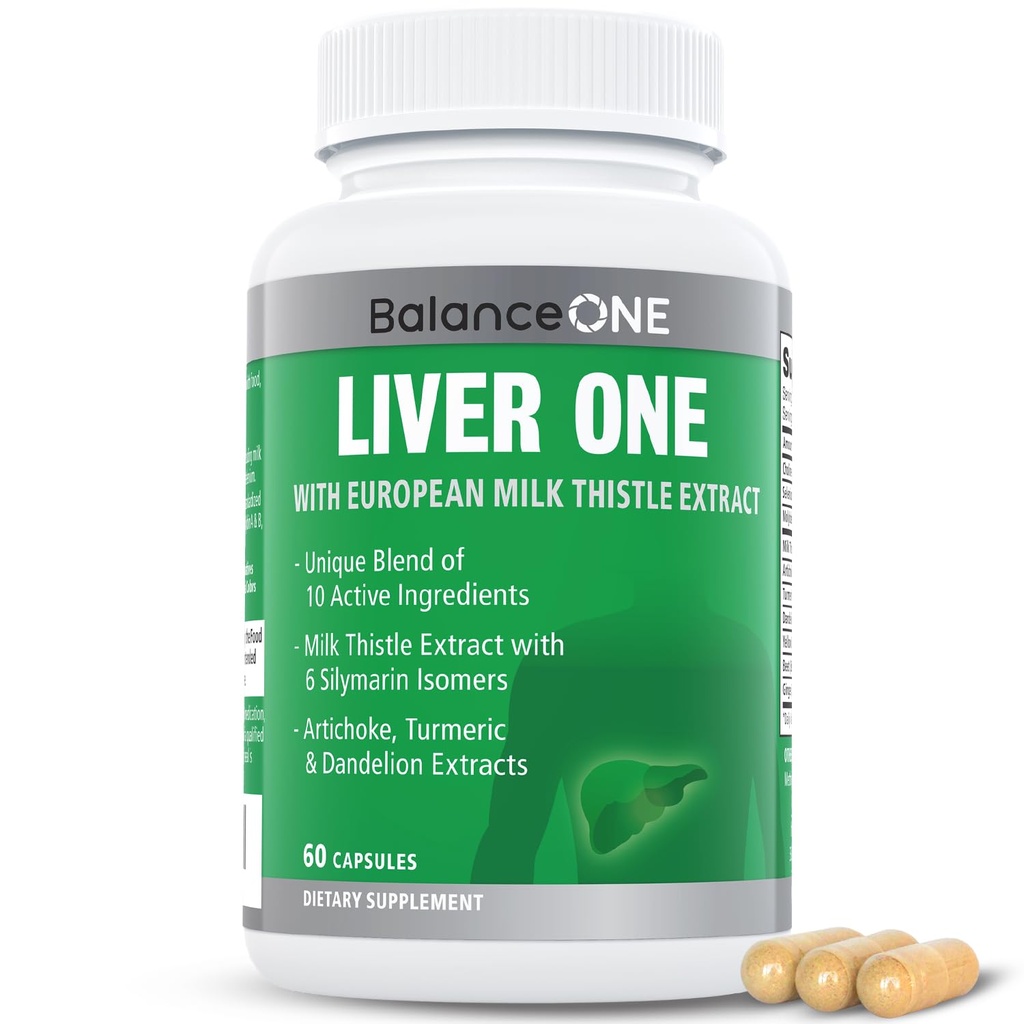 Balance ONE Liver Support Suplemento con Leche Thistle Extract, Dandelion Root & Molybdenum – Natural Liver Cleanse, Repair " Detox for Men " Women - Vegan Capsules, 1 Mes de Suministro - Liver One