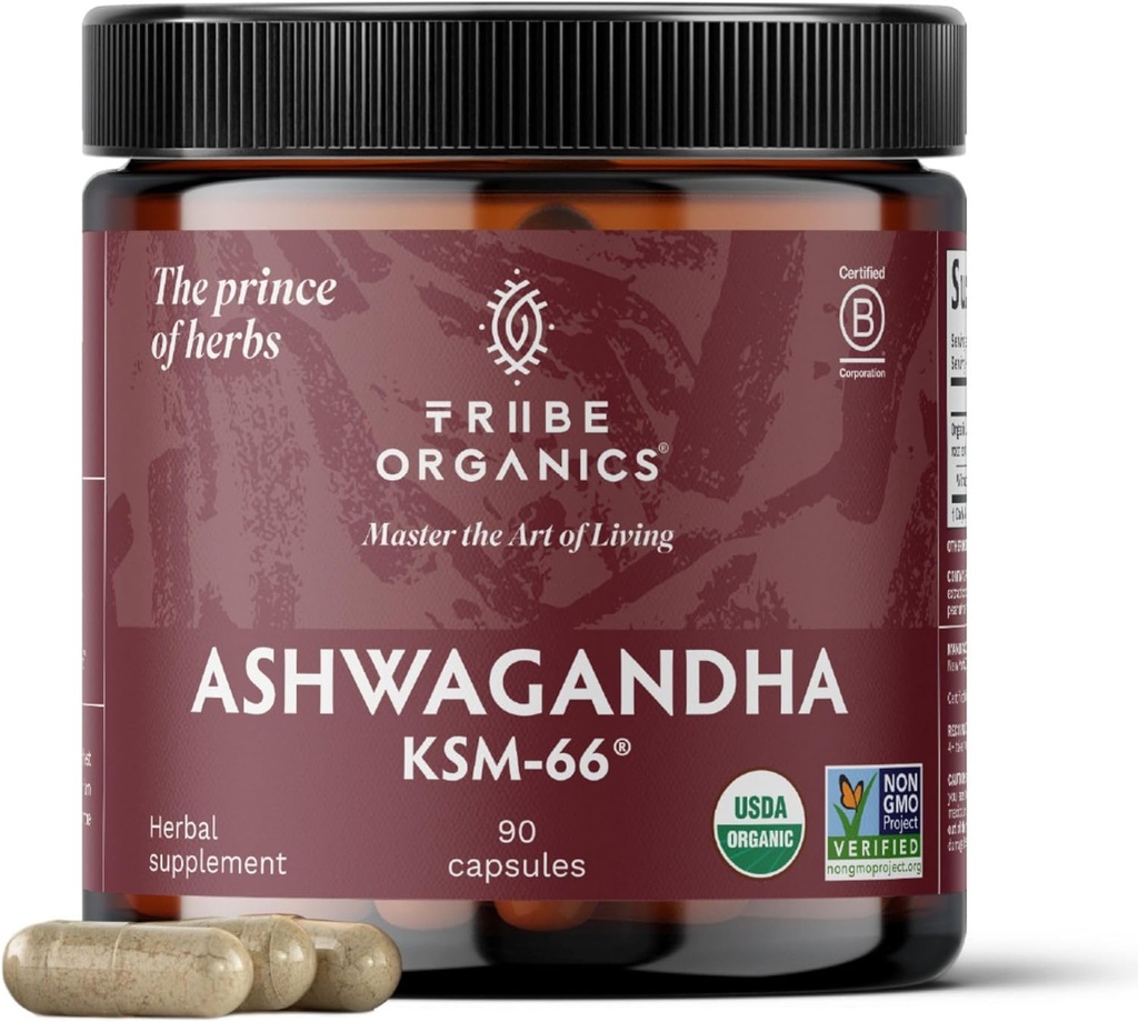 TRIBE ORGANICS Ashwagandha KSM 66 Pure Organic Root Powder Extract Ayurvedic Supplement - Focus Mood Support Increment Energy Strength 600mg of Natural KSM66 for Superior Absorption - 90 Capsules