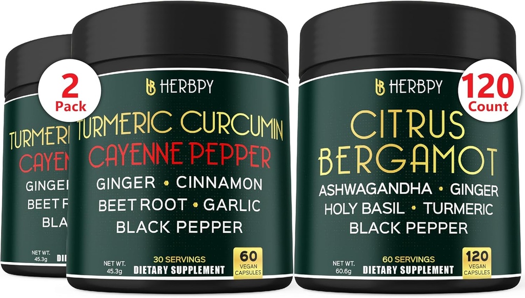 Bundle 2-Pack 7in1 Curcumin Suplemento &amp; 6in1 Citrus Bergamot Suplemento para Digestivo, Relajación, Salud del Corazón &amp; Inmune