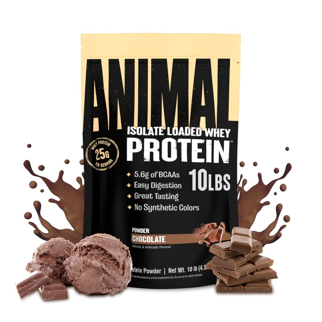 Animal Whey Isolate Protein Powder - Cargado para Pre &amp; Post Workout Muscle Builder y recuperación con enzimas digestivas para hombres &amp; mujeres - 25g Proteína, gran sabor, bajo azúcar - Chocolate 10 libras