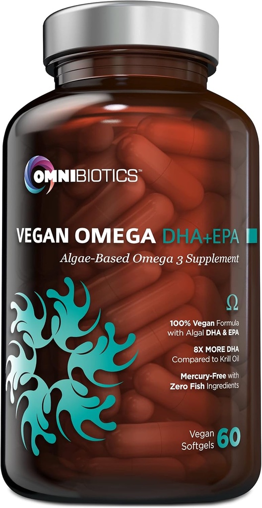 OmniBiotics Vegan Omega 3 DHA EPA Suplemento – MD-Certified Prenatal Supplement with 8X Más DHA Than Krill Oil, Fish-Free, Non-GMO – 60 Vegan Capsules