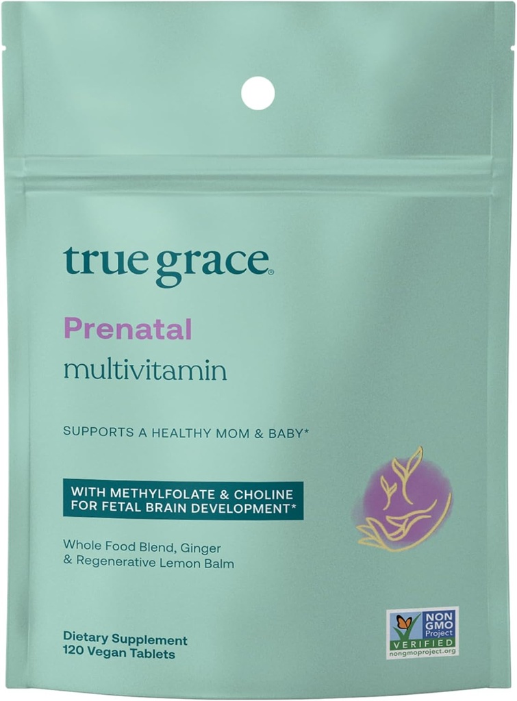 True Grace Prenatal Multivitamin Refill Pouch - 120 Vegan Tablets - Soporta a una mamá saludable &amp; Baby con metalfolato " Choline for Fetal Brain Development - Gluten Free, Soy Free - 60 Servings