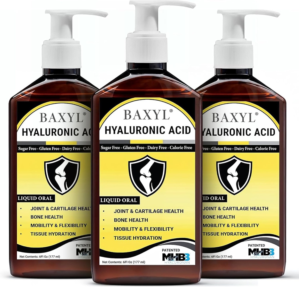 BAXYL Liquid Hyaluronic Acid Supplement - Natural Citric Acid, Potassium Sorbate Ingredients Formulated Flavorless Syrup - Provide Healthy Cartilage & Bone Formation - 3 Botellas de 6 Fl Oz