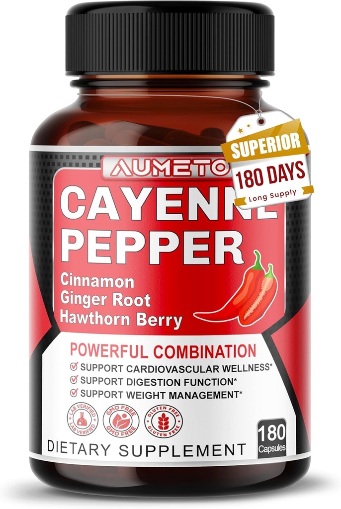 Cayenne Pepper Capsules - Ultra Complejo con canela, jengibre, cardamomo, Hawthorn Berry - Asistencia Digestión, Circulación &amp; Bienestar general (180 Conde (Pack of 1))
