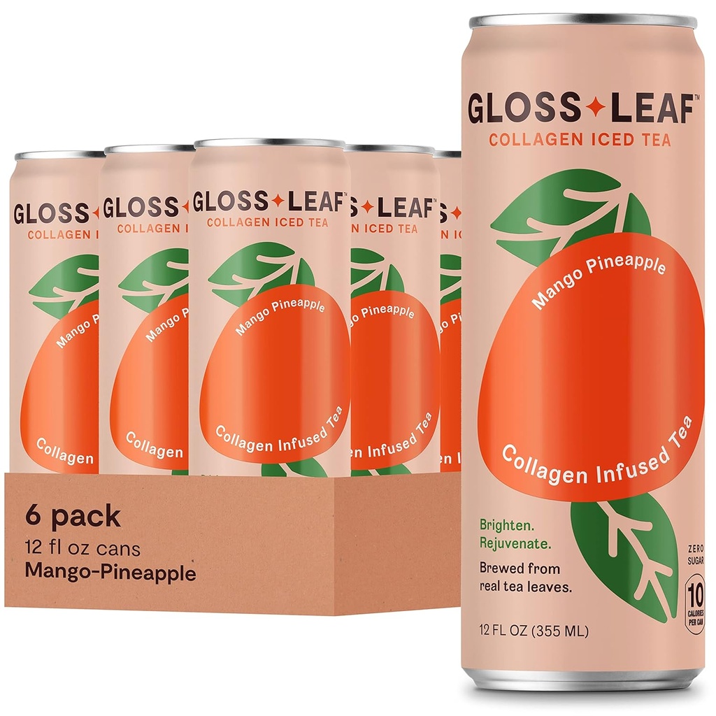 Gloss Leaf Collagen Iced Tea (Zero-Sugar, Mango-Pineapple): Té Negro Brewed con Peptides Collagen Proteína &amp; Vitamina C, Belleza & Anti-Aging, 12 Fl Oz, 6 Pack