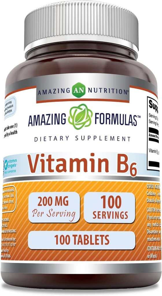 Fórmulas asombrosas Vitamina B6 Piridoxina 200mg 100 Tablets Suplemento No-GMO Silencio Gluten Gratis Silencio Made in USA