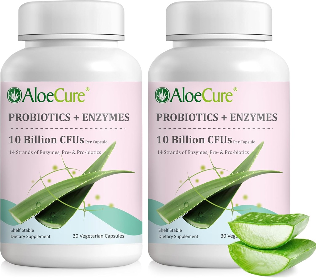 AloeCure Daily Probiotics 10 Billion CFU for Digestive Support 8 Strains, 6 Prebiotics & Enzymes - Suplemento Digestivo con Bromelain for Women &amp; Men - Gut Support, Digestive Relief, 30 Caps x 2btls
