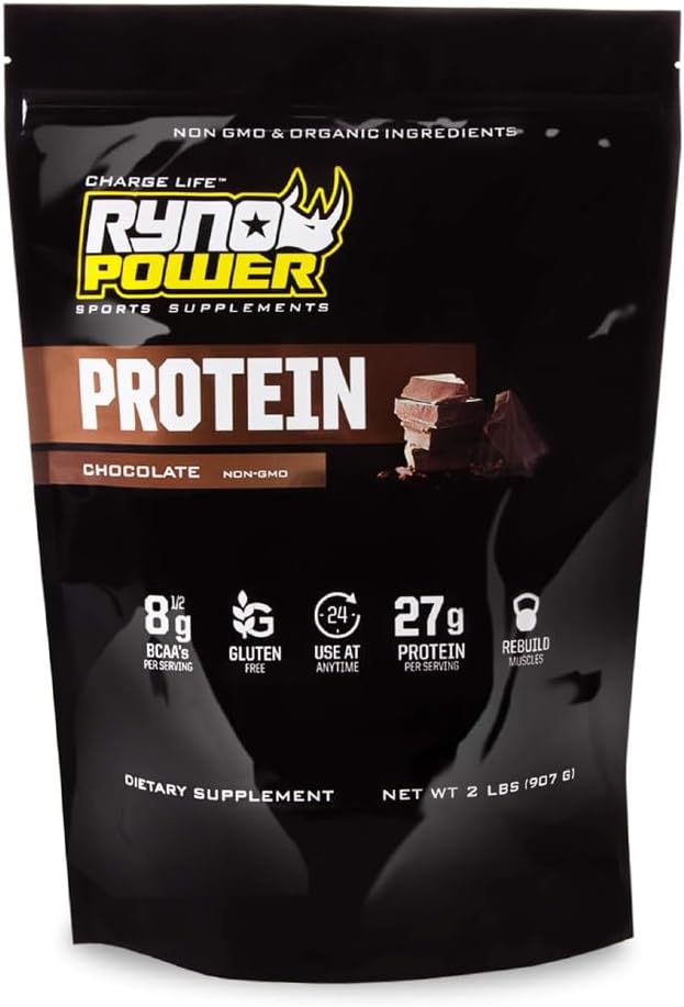 Ryno Power All Natural Whey Protein 2lb (20 Servings) 'Chocolate' - 100% Whey Protein Blend &amp; No Fillers - Non GMO