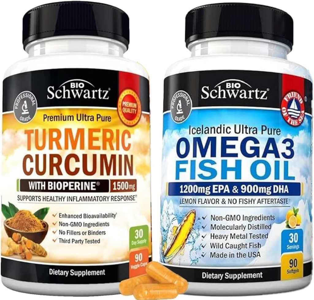 Triple Fuerza Omega 3 Fish Oil Softgels (1 Mes de Suministro) Más Curcumina Turmérica con Pepper Negro Extracto Complejo de 1500 mg (1 Mes de Suministro)