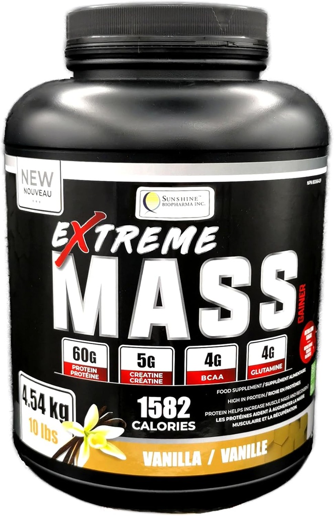 Extreme Mass Weight Gainer Muscle Builder, 10 lb (4,54 kg) con menos azúcar para entrenamiento intenso Made of high Calorie Fortified whey Protein (Vanilla)