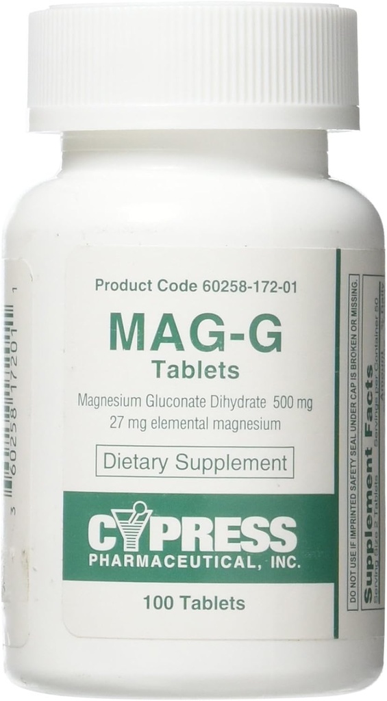 Mag-G Tablets Magnesium Gluconate Dietary Supplement 100 Tablets Por Bottle