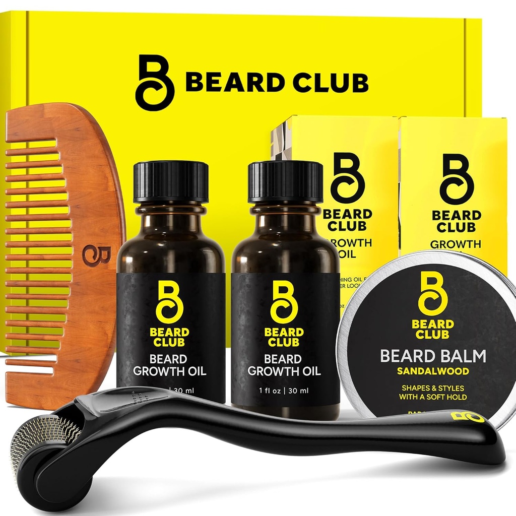 The Beard Club Enhanced Beard Growth Kit - Derma Roller, Beard Growth Oil (2PK), Sandalwood Beard Balm, Comb - Gift Set