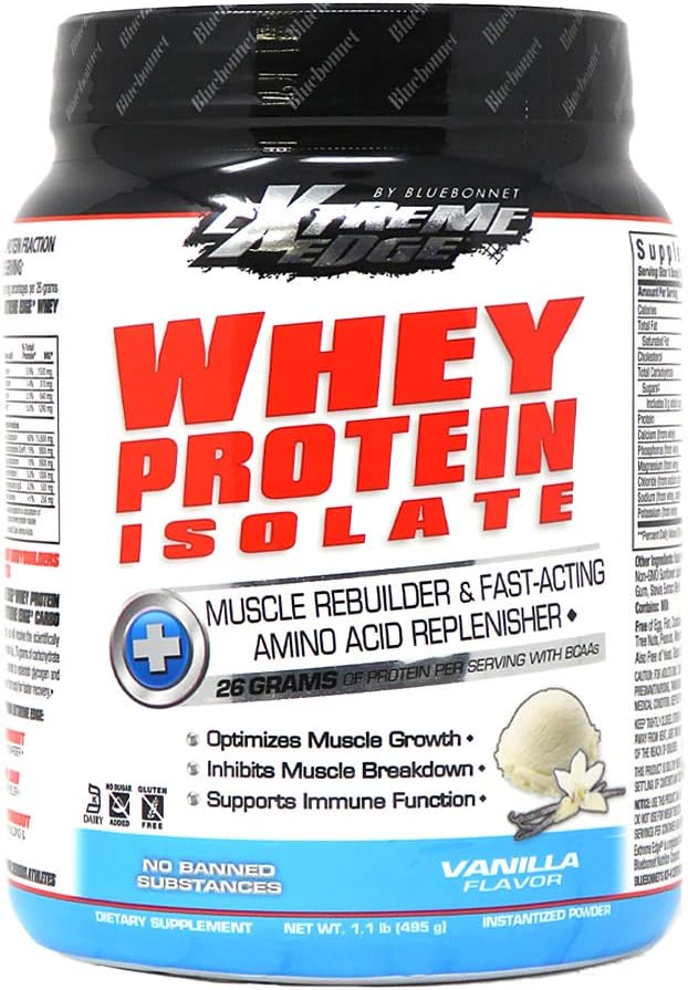 Bluebonnet Nutrition Extreme Edge Whey Protein Isolate Powder, Grass Fed Cows, 26 Grams of Protein, No Sugar Añadido, Non GMO, Gluten Free, Soy Free, Kosher Dairy, 1 lb, 15 Servings, Vanilla Flavor