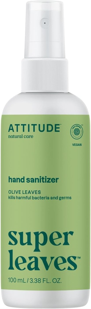 ATTITUDE Hand Sanitizer Spray, EWG Verified, Kills Germs & Bacteria, Vegan " Plant-Based, Safe for Adults " Kids, Olive Leaves Scent, 3.38 Fl Oz (Spray Bottle)