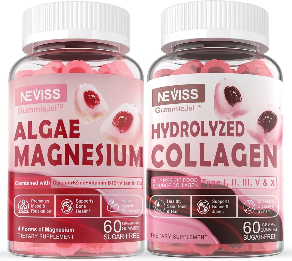 Gummies de colágeno hidrolizado + Gummies de magnesio de calcio para adultos - libre de azúcar, soporte uñas de pelo saludable de la piel, bonificación " Nerve Health, función muscular " Mood