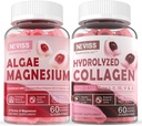 Gummies de colágeno hidrolizado + Gummies de magnesio de calcio para adultos - libre de azúcar, soporte uñas de pelo saludable de la piel, bonificación " Nerve Health, función muscular " Mood