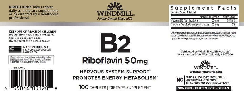 Molino de viento Vitamina B-2 50 mg Tabletas - 100 ea (2 Pack)