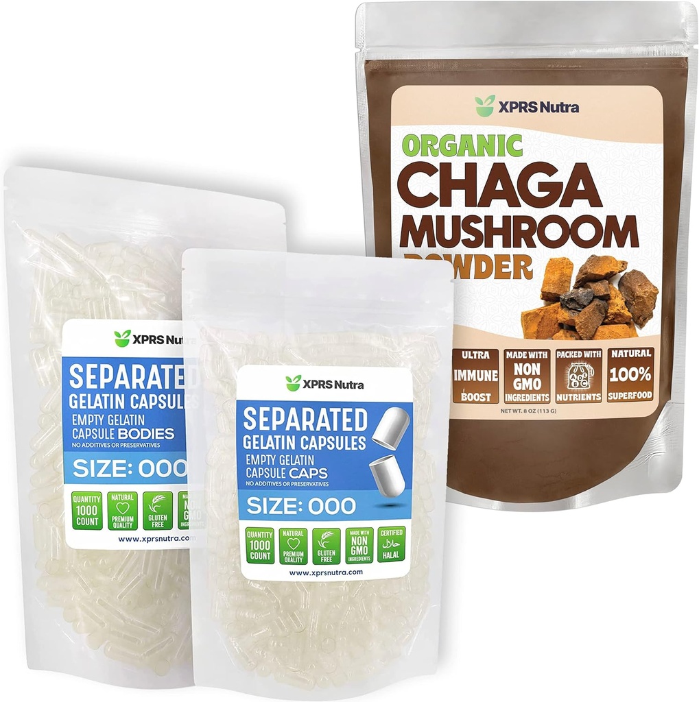 XPRS Nutra Separado Tamaño 000 cápsulas (1000 conde) con Chaga Powder (8 onzas) Bundle