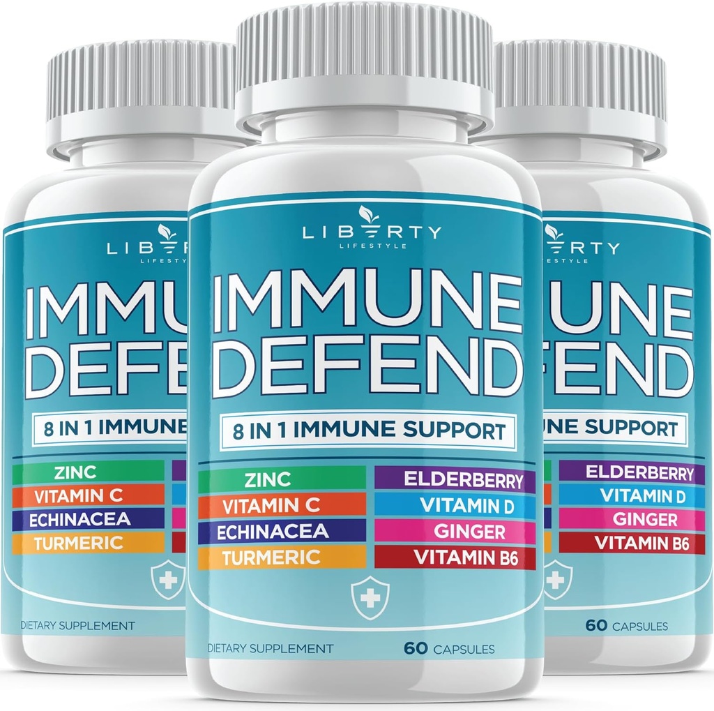 8 en 1 Apoyo de Defensa Inmune, Vitaminas Inmunitarias Suplemento Booster con zinc 50mg, Vitamina C Elderberry VIT D3 5000 UI, Curcumina Turmérica &amp; Ginger, Echinacea - Alivio de Alergia para Niños Adultos