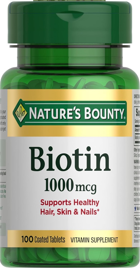 Biotina Bounty de la naturaleza, apoya el metabolismo para la energía y el cabello saludable, la piel y las uñas, 1000 mcg, 100 Tablets
