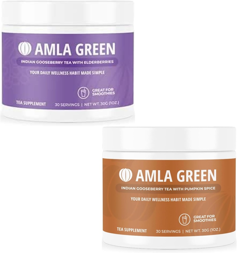 Amla Powder &amp; Green Tea Superfood Suplemento con Elderberry &amp; Pumpkin Spice, Orgánico, Vegan, 30 Servimientos