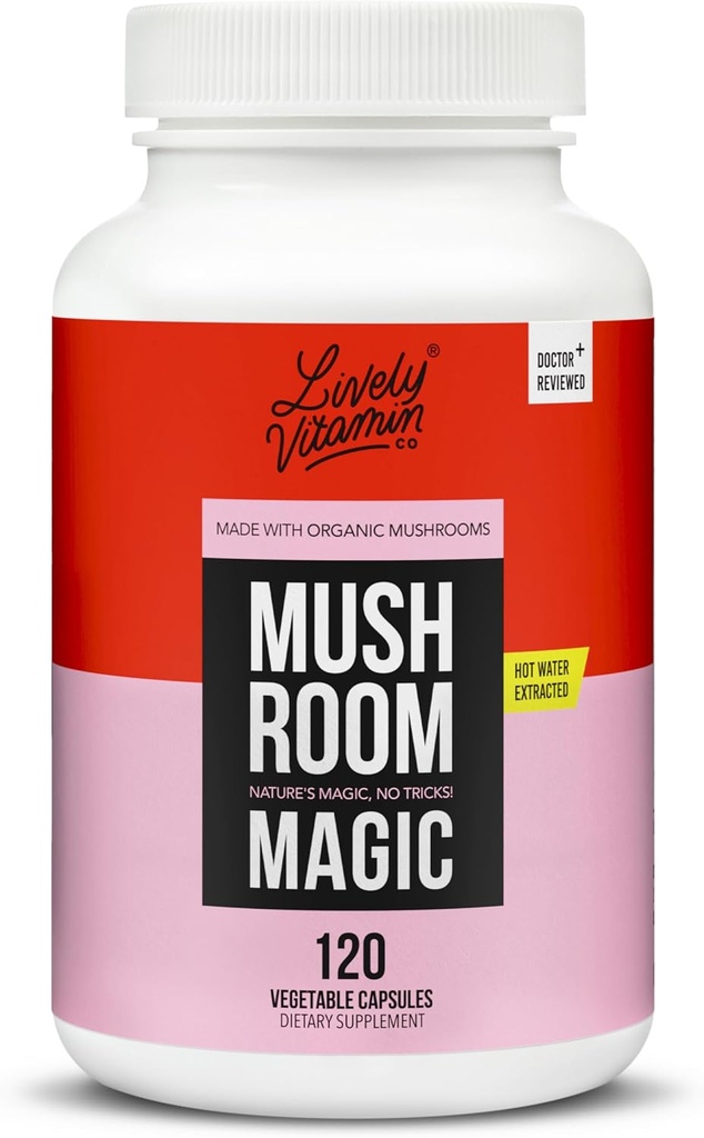 LIVELY VITAMIN CO. Mushroom Magic - Chaga - Cordyceps - Lions Mane - Turquía Tail - Reishi - Shiitake - Immune - Energy - Memory - Non-GMO - 120 Vegan Capsules