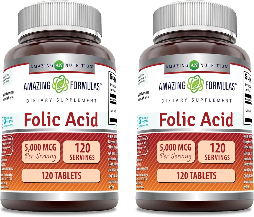 Fórmulas asombrosas Folic Acid Suplemento TENIDO 5000 Mcg TENIDO 120 Tablets TENIDA Non-GMO TEN Gluten Free ← Made in USA (2 Pack)