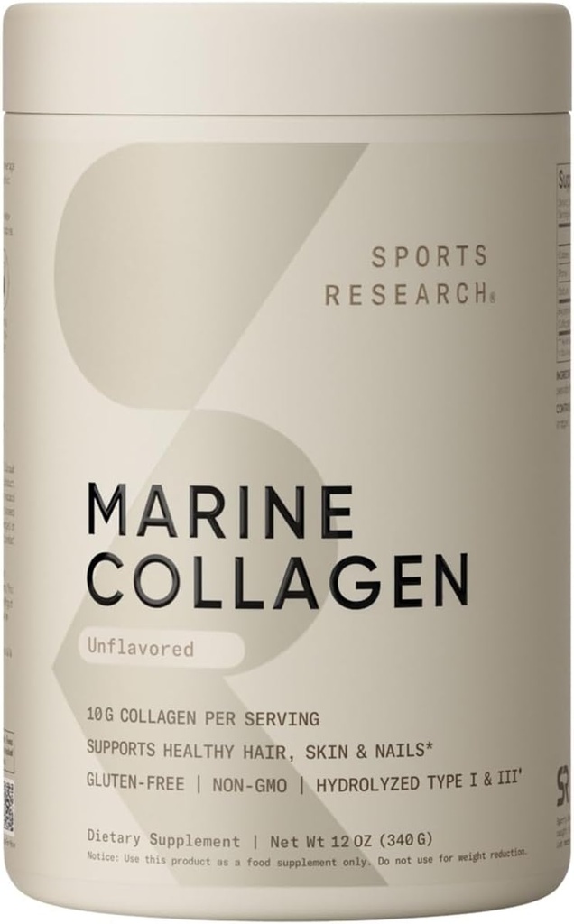 Sports Research Marine Collagen Peptides Powder - Fuente de Wild-Caught Fish, Pescatarian Friendly, Keto Certified " Non-GMO Verified - Easy to Mix in Water or Juice! (34 Servings)