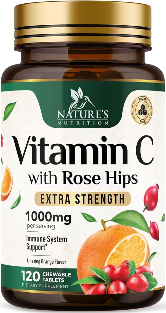 Vitamina C Chewable 1000mg - Extra Strength Antioxidants for Powerful Immune Support w/Vitamin C & Rose HIPS - Potent Dietary VIT C Chews Suplemento, Natural Orange Flavor, Vegan, No GMO - 120 Tablets
