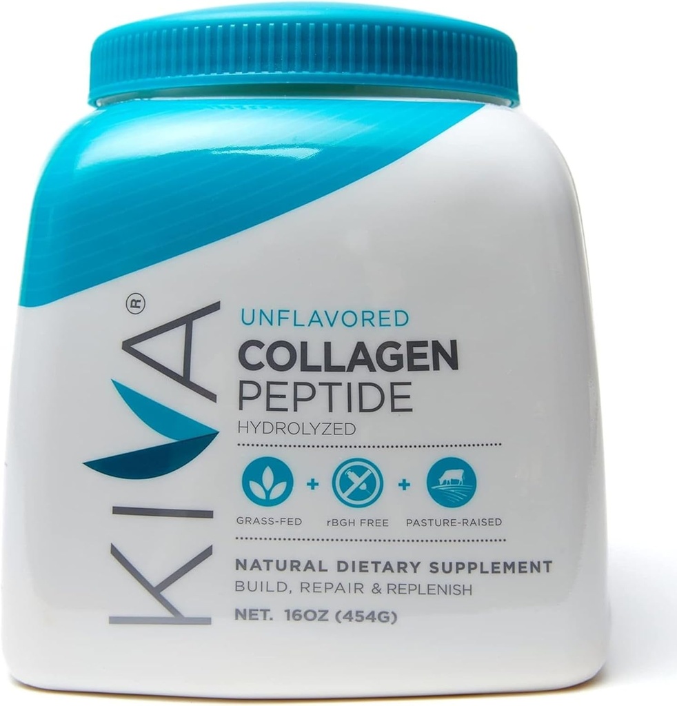 Kiva Collagen Peptide Powder ← Grass-Fed  sometida Pasture Raised ← Hidrolyzed for Better Absorption ← Non-GMO and Gluten Free - Unflavored - 16 oz