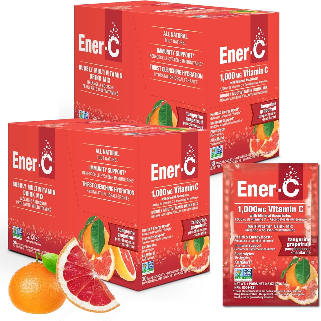 Ener-C Tangerine &amp; Grapefruit Multivitamin Drink Mix, 1000mg Vitamin C, Non-GMO, Vegan, Real Fruit Juice Powders, Natural Immunity Support, Electrolytes, Gluten Free, 2-Packs of 30 (60 Count)