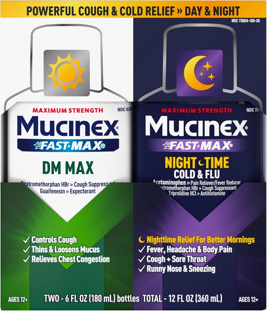 Maximum Strength Mucinex FastMax DM Max &amp; Mucinex Nightshift Cold & Flu Liquid (2 x 6 fl. oz.) Tos &amp; Loosens Mucus, Alivios Tos > Congestión de pecho, Dolor, Fiebre, Sneezing, Sore Throat, Runny Nose