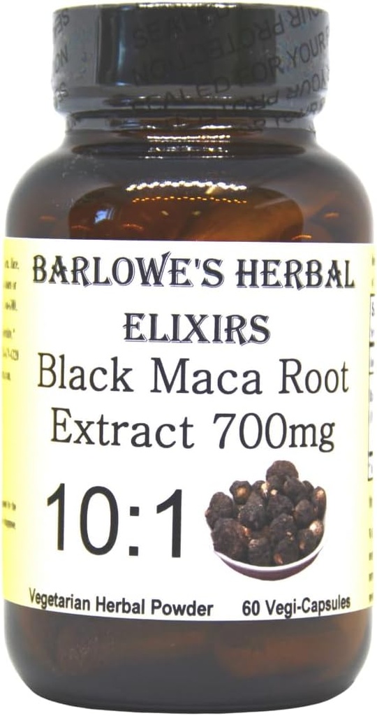 Barlowe's Herbal Elixirs Black Maca Silencio Peruano Maca Root Extract  700 mg per Capsule ← 60 Veggie Capsules (Vegan, Kosher, Halal) ← Vidrio Botella  Tested