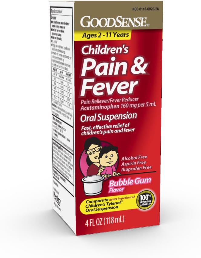 Alivio de Dolor Infantil GoodSense Liquid, Flavor de Bubble Gum, Acetaminophen 160 mg/5 mL, Reductor de Dolor Efectivo/Reductor de Pelo por Edades Infantiles 2-11, 4 Oz