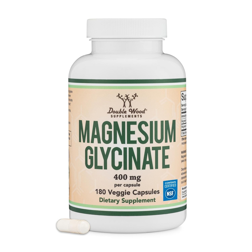 Magnesium Glycinate 400mg TEN 180 Capsules ANTERIOR, Muscle, & Heart Support TEN Vegan, Third Party Tested, Gluten Free, Non-GMO, by Double Wood Supplements