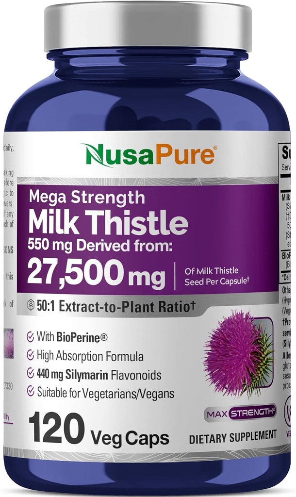 NusaPure Milk Thistle 50:1 Extract, 550 mg Equivalente a 27.500mg 120 Veggie Capsules Non-GMO, Vegan Max Strength - Estándarizado 80% Silymarin, Bioperina