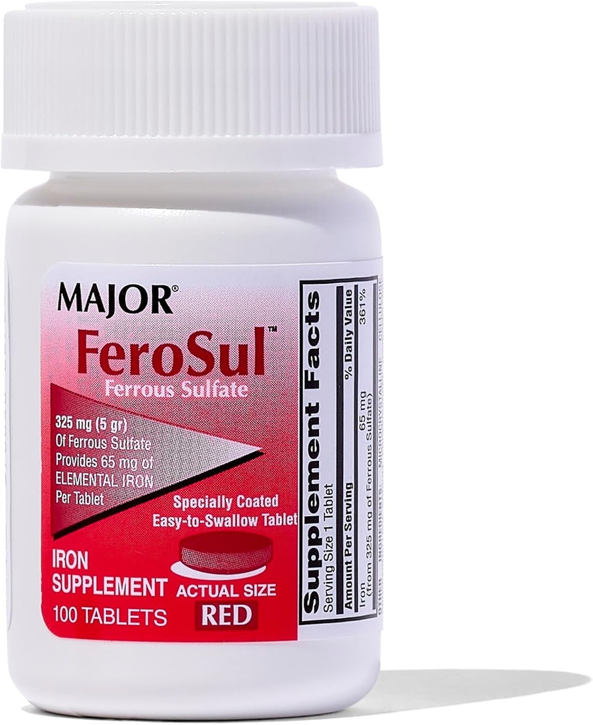 Mayor Ferosul - Sulfato ferroso 325 mg Tabletas con 65 mg de hierro elemental - Suplemento de hierro para mujeres, hombres - rojo - 100 Tabletas - Pack de 1