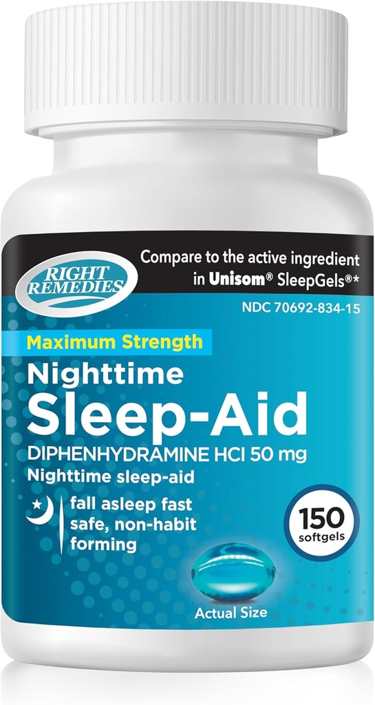 Nighttime Sleep Aid Softgels, (150 softgels), Diphenhydramine HCI 50 mg, Fall Asleep Fast, Supports Deeper, Restful Sleep