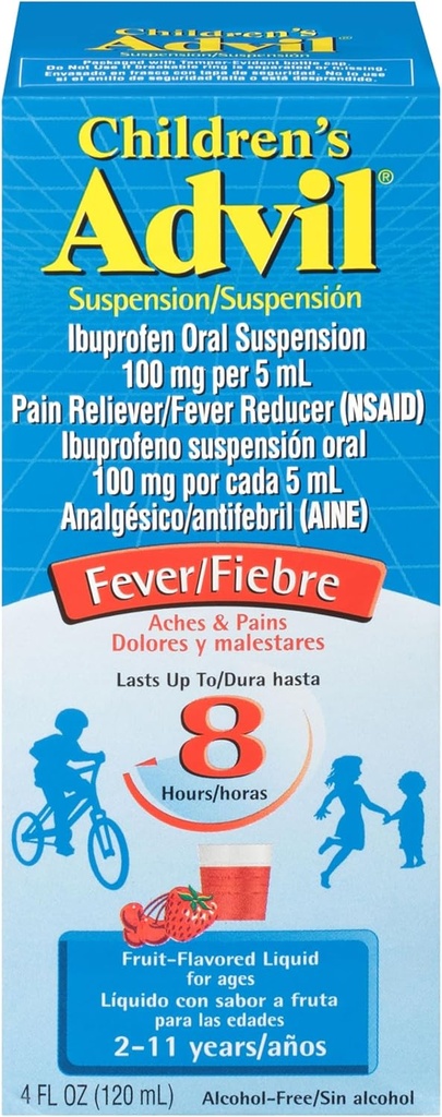 Alimentador de dolor advil infantil y Reductor de fiebre, Medicamento de alivio del dolor líquido de los niños, Fruta - 4 Fl Oz